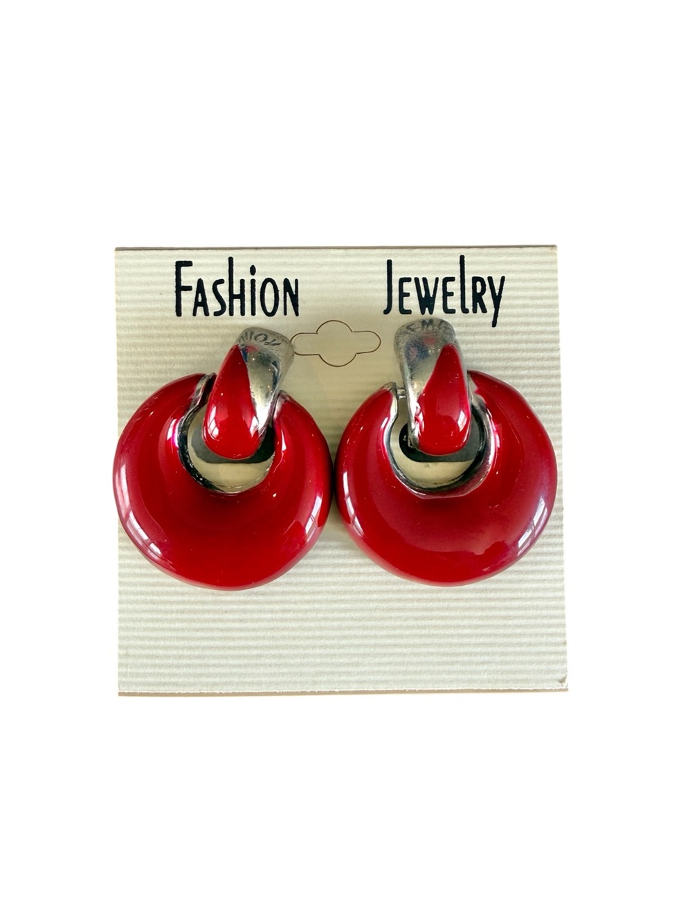 Vintage 90s Red Enamel Silver Tone Clip On Earrings Chunky Round Statement NWT